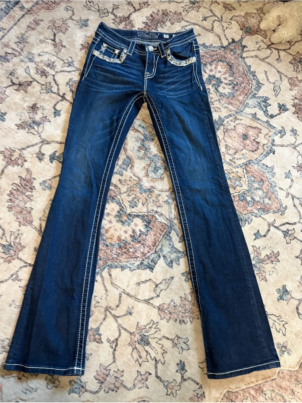 Miss Me Dark Blue Flare Jeans with Contrast Stitching